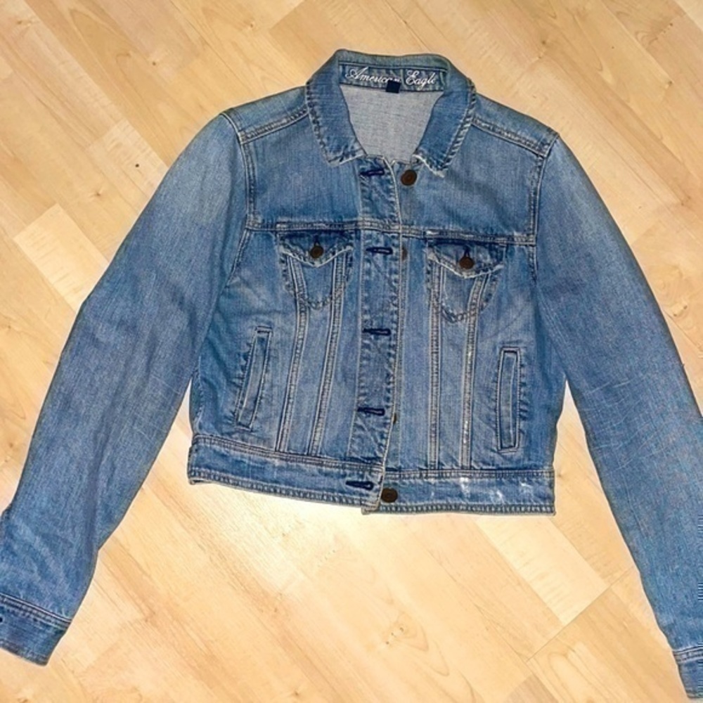American eagle denim jacket blue jean w/ lalabobo bear back bear-ly 🐻 preloved - Picture 3 of 12